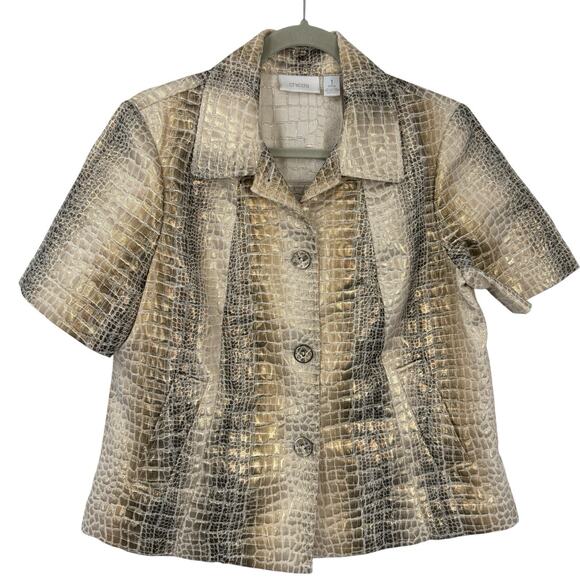 Chicos 1 Swing Jacket Blazer Gold Metallic Snakeskin Size Medium Short Sleeve - Picture 1 of 13